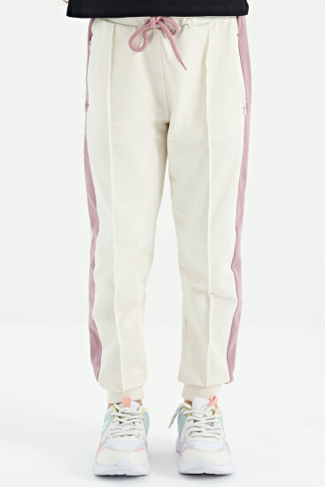 Ekru Yan Bantlı Gizli Fermuar Cep Detaylı Jogger Kız Çocuk Eşofman Alt - 75122 - TOMMYLIFE (1)