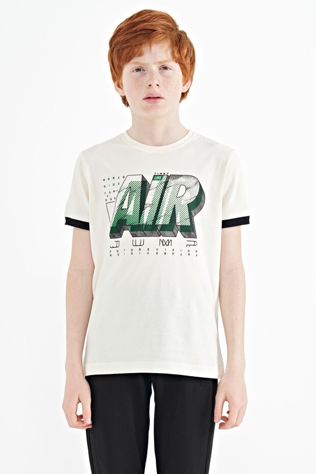 Ekru Yazı Baskılı Standart Kalıp O Yaka Erkek Çocuk T-Shirt - 11098