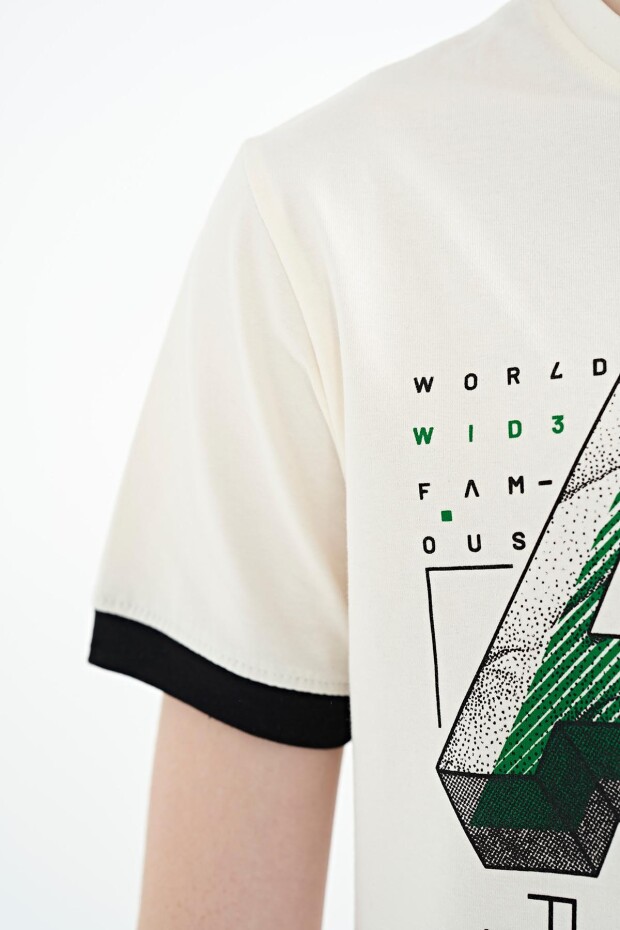 Ekru Yazı Baskılı Standart Kalıp O Yaka Erkek Çocuk T-Shirt - 11098