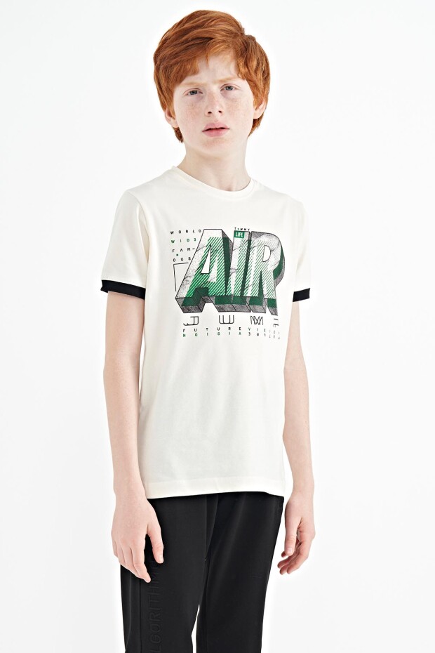 Ekru Yazı Baskılı Standart Kalıp O Yaka Erkek Çocuk T-Shirt - 11098