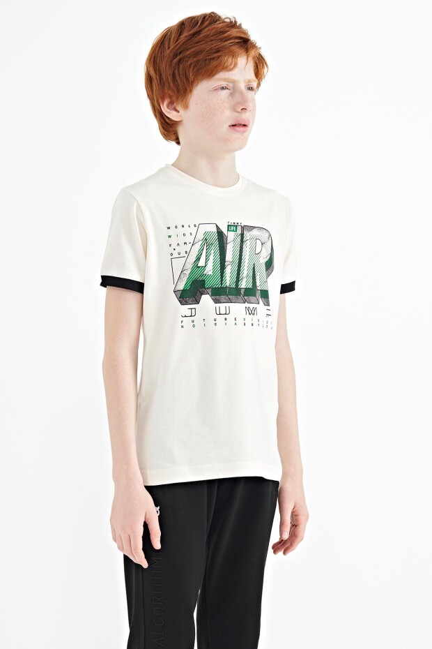 Ekru Yazı Baskılı Standart Kalıp O Yaka Erkek Çocuk T-Shirt - 11098