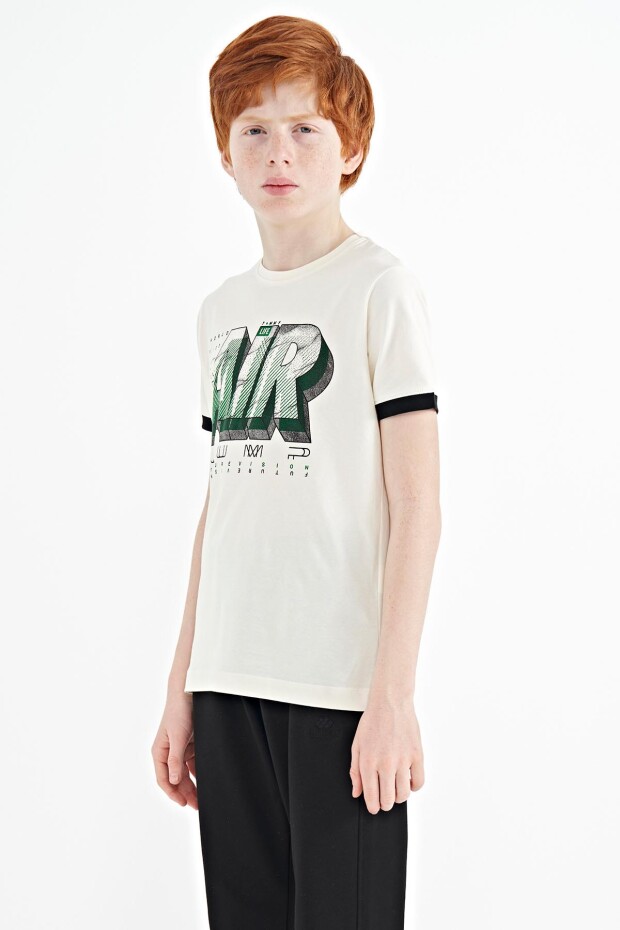 Ekru Yazı Baskılı Standart Kalıp O Yaka Erkek Çocuk T-Shirt - 11098