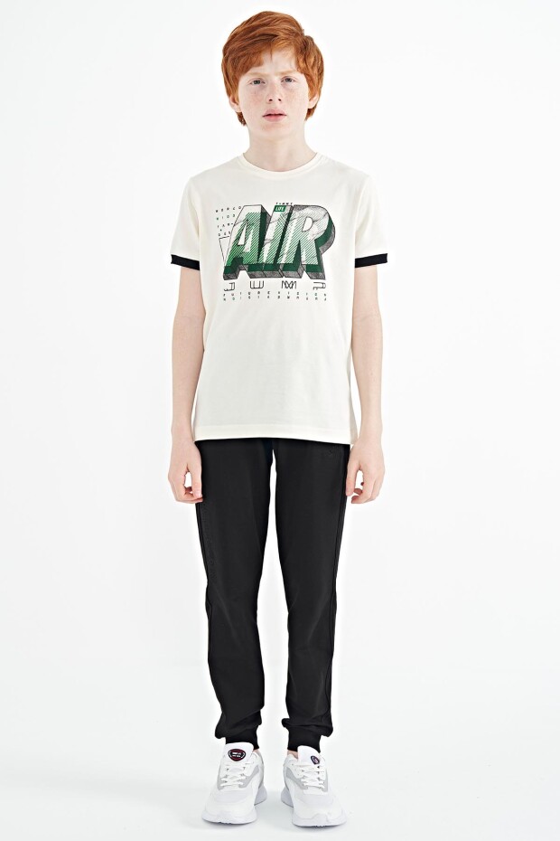Ekru Yazı Baskılı Standart Kalıp O Yaka Erkek Çocuk T-Shirt - 11098