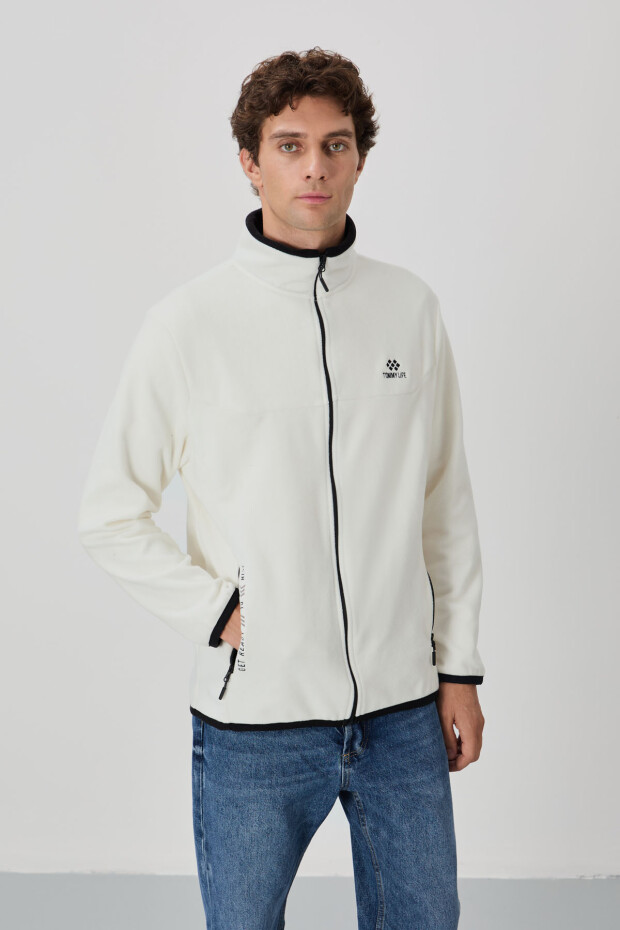 Ekru Yazı Nakışlı Dik Yaka Fermuarlı Standart Kalıp Erkek Sweatshirt Polar - 87992