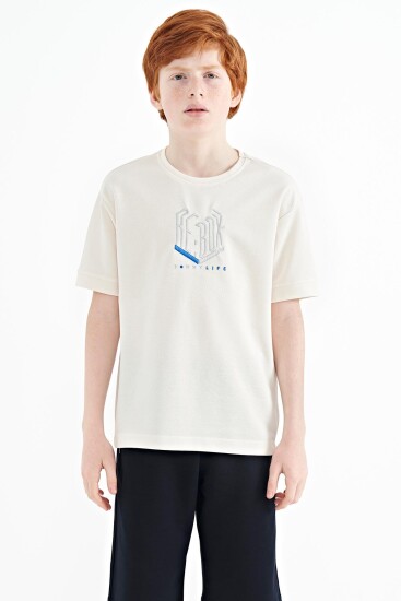 Ekru Yazı Nakışlı O Yaka Oversize Erkek Çocuk T-Shirt - 11151 