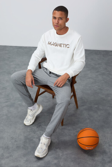 Ekru Yazı Nakışlı O Yaka Rahat Form İçi Polarlı Erkek Sweatshirt - 88020 