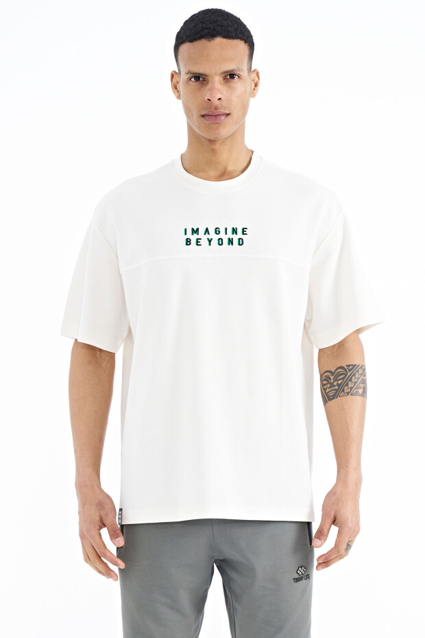 Ekru Yazı Nakışlı Oversize O Yaka Erkek T-Shirt - 88178