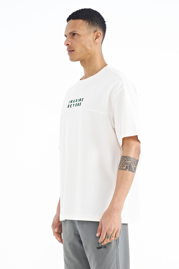 Ekru Yazı Nakışlı Oversize O Yaka Erkek T-Shirt - 88178
