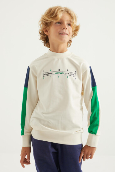 Ekru Yazı Nakışlı Şerit Detaylı O Yaka Standart Kalıp Erkek Çocuk Sweatshirt - 11024 