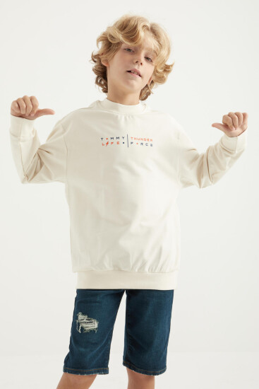 Ekru Sırt Baskılı O Yaka Standart Kalıp Erkek Çocuk Sweatshirt - 11026 