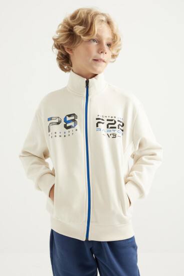 Ekru Sırt Baskılı Fermuarlı Dik Yaka Standart Kalıp Erkek Çocuk Sweatshirt - 11021 
