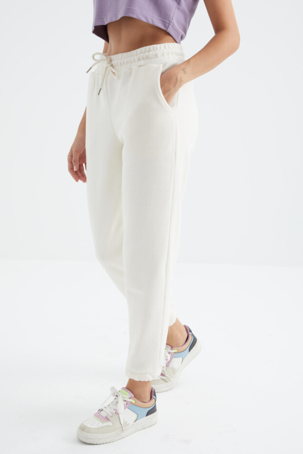 Ekru Yüksek Bel Basic Bağcıklı Jogger Polar Kadın Eşofman Alt - 94622 - 2