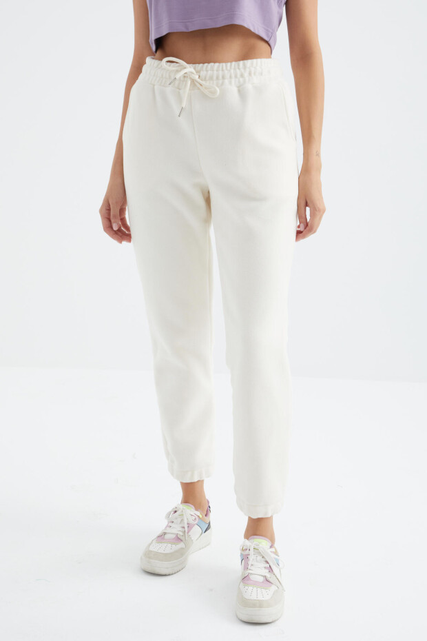 Ekru Yüksek Bel Basic Bağcıklı Jogger Polar Kadın Eşofman Alt - 94622 - 4