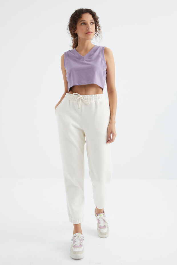 Ekru Yüksek Bel Basic Bağcıklı Jogger Polar Kadın Eşofman Alt - 94622 - 5