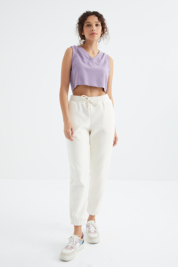 Ekru Yüksek Bel Basic Bağcıklı Jogger Polar Kadın Eşofman Alt - 94622 - 6