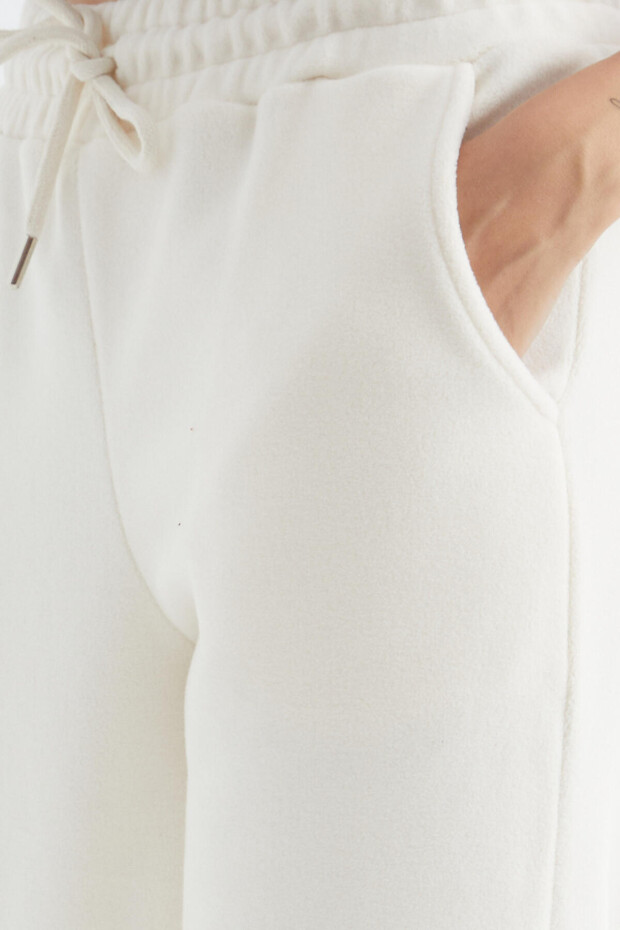 Ekru Yüksek Bel Basic Bağcıklı Jogger Polar Kadın Eşofman Alt - 94622 - 7