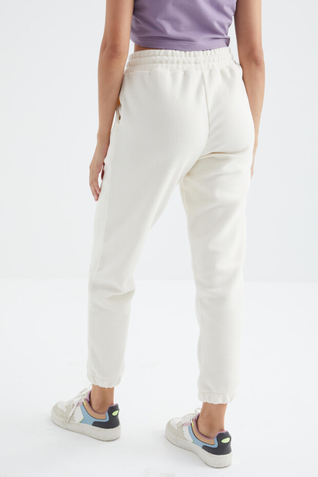 Ekru Yüksek Bel Basic Bağcıklı Jogger Polar Kadın Eşofman Alt - 94622 - 8