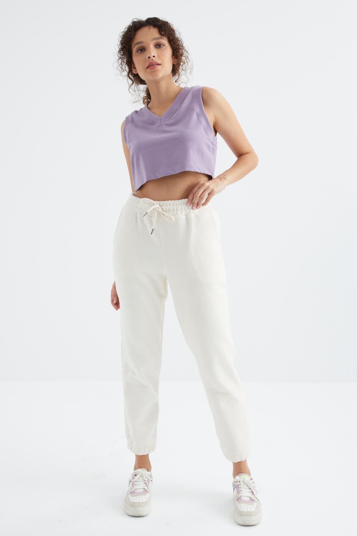 Ekru Yüksek Bel Basic Bağcıklı Jogger Polar Kadın Eşofman Alt - 94622 - TOMMYLIFE