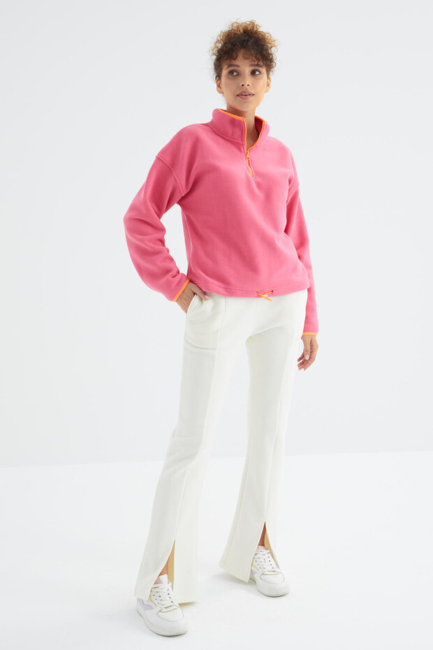 Ekru Yüksek Bel Ön Yırtmaç Detaylı Yan Cepli Rahat Form Kadın Eşofman Alt - 94625 - 1