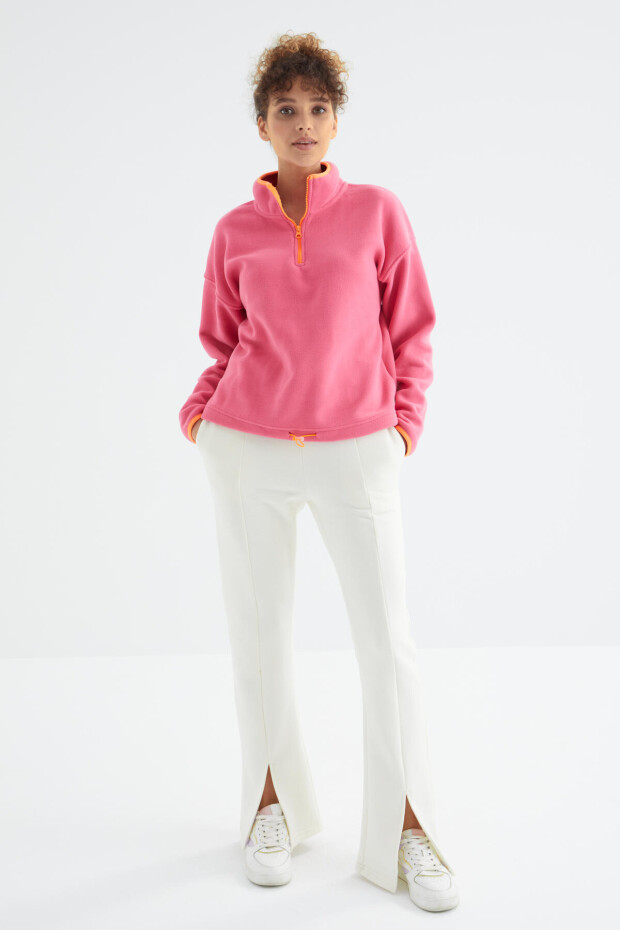 Ekru Yüksek Bel Ön Yırtmaç Detaylı Yan Cepli Rahat Form Kadın Eşofman Alt - 94625 - 3