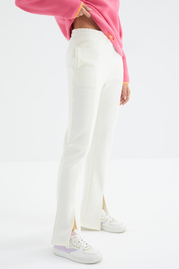 Ekru Yüksek Bel Ön Yırtmaç Detaylı Yan Cepli Rahat Form Kadın Eşofman Alt - 94625 - 7