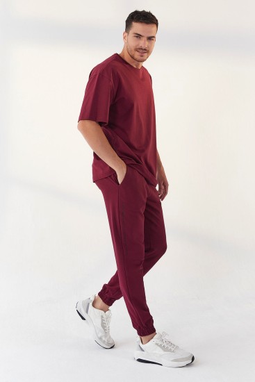 Erguvan Dikey Yazı Baskı Detaylı Lastik Paça Erkek Oversize Eşofman Takım - 85157 - TOMMYLIFE