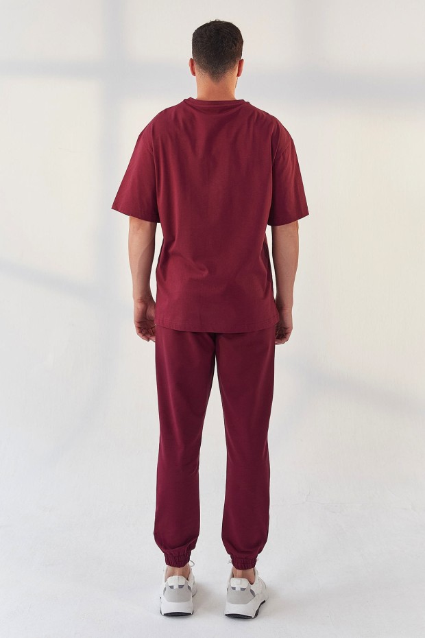 Erguvan Dikey Yazı Baskı Detaylı Lastik Paça Erkek Oversize Eşofman Takım - 85157