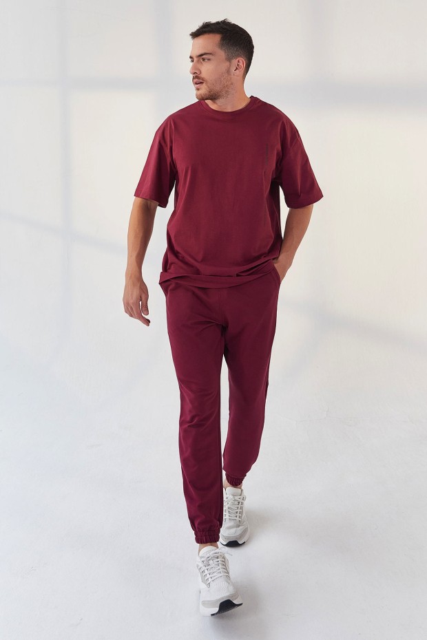 Erguvan Dikey Yazı Baskı Detaylı Lastik Paça Erkek Oversize Eşofman Takım - 85157