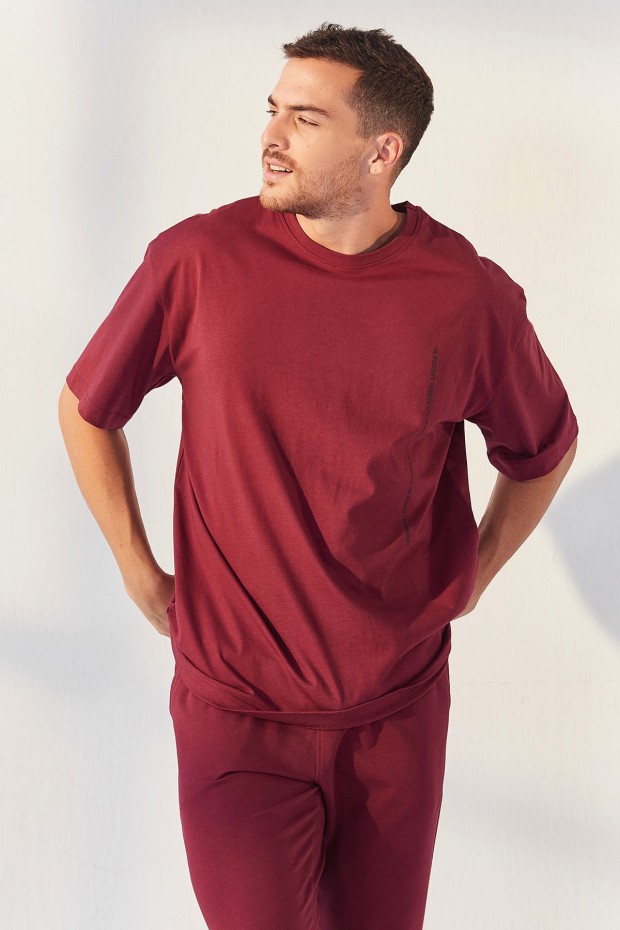 Erguvan Dikey Yazı Baskı Detaylı Lastik Paça Erkek Oversize Eşofman Takım - 85157