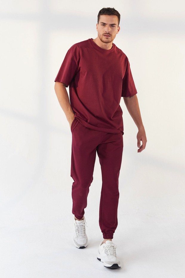 Erguvan Dikey Yazı Baskı Detaylı Lastik Paça Erkek Oversize Eşofman Takım - 85157