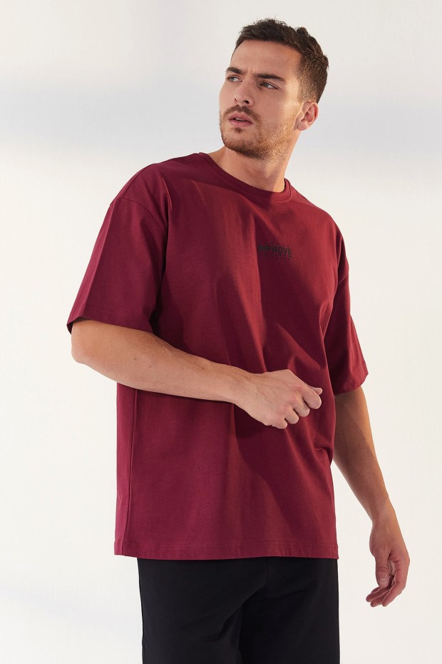 Erguvan Küçük Yazı Baskılı O Yaka Erkek Oversize T-Shirt - 87985