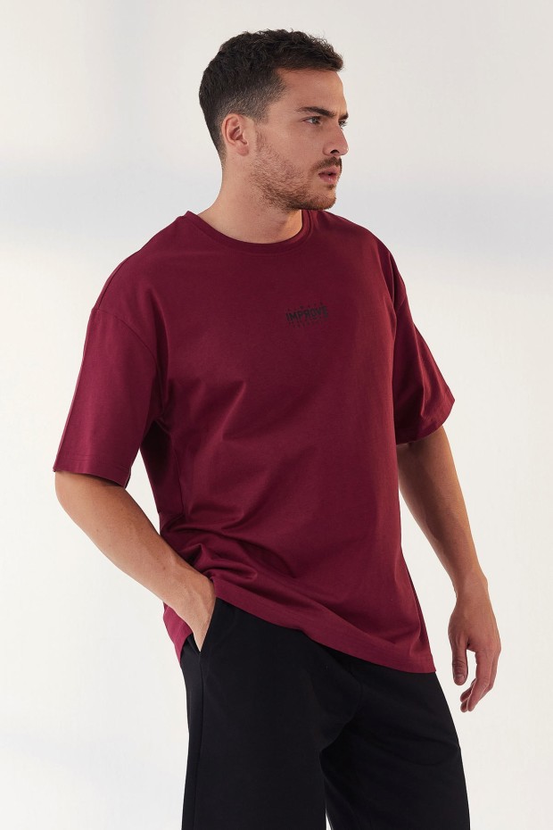 Erguvan Küçük Yazı Baskılı O Yaka Erkek Oversize T-Shirt - 87985