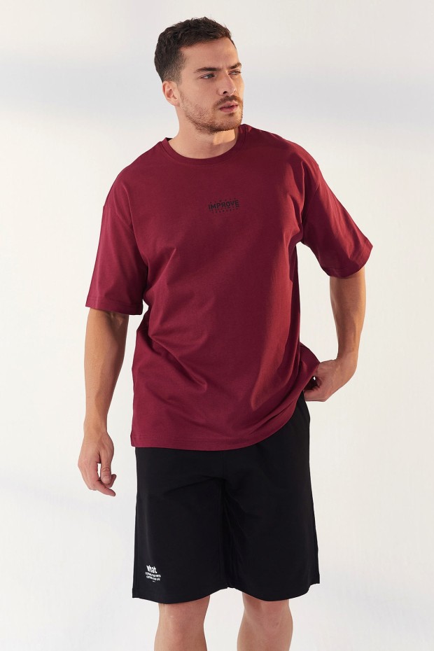 Erguvan Küçük Yazı Baskılı O Yaka Erkek Oversize T-Shirt - 87985