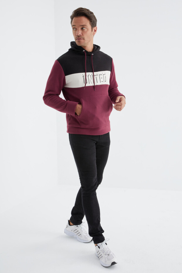 Erguvan Nakış Detaylı Kapüşonlu Kanguru Cepli Erkek Polar Sweatshirt - 88155