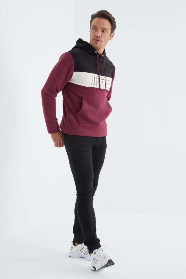 Erguvan Nakış Detaylı Kapüşonlu Kanguru Cepli Erkek Polar Sweatshirt - 88155