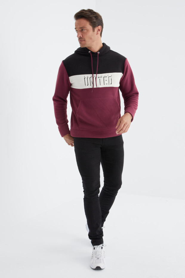 Erguvan Nakış Detaylı Kapüşonlu Kanguru Cepli Erkek Polar Sweatshirt - 88155