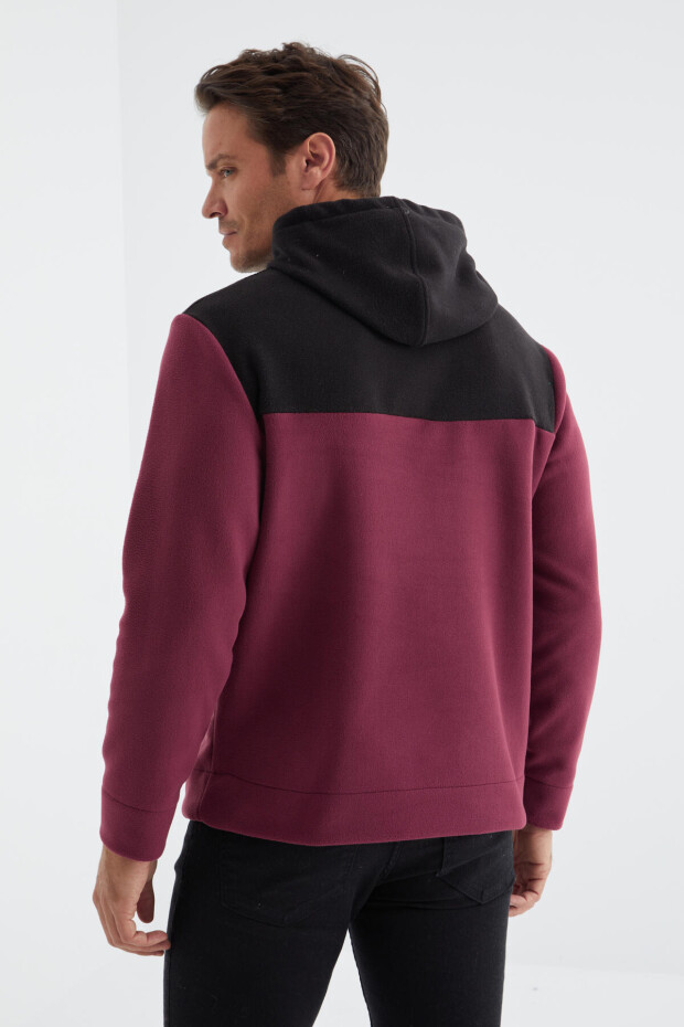 Erguvan Nakış Detaylı Kapüşonlu Kanguru Cepli Erkek Polar Sweatshirt - 88155