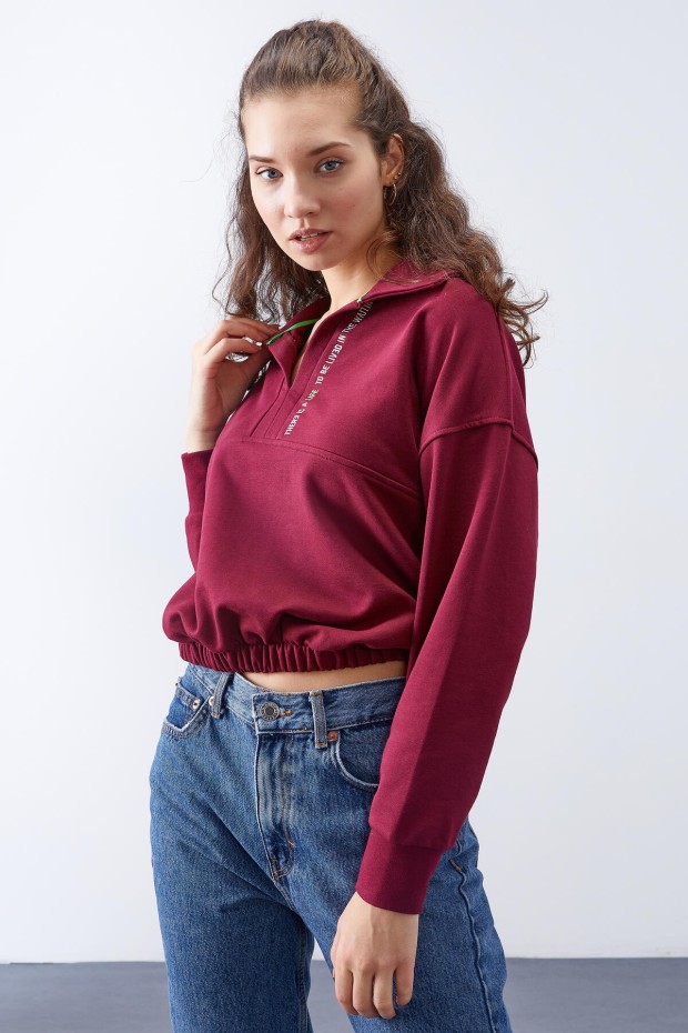 Erguvan Polo Yaka Etek Ucu Büzgülü Kadın Oversize Sweatshirt - 97180