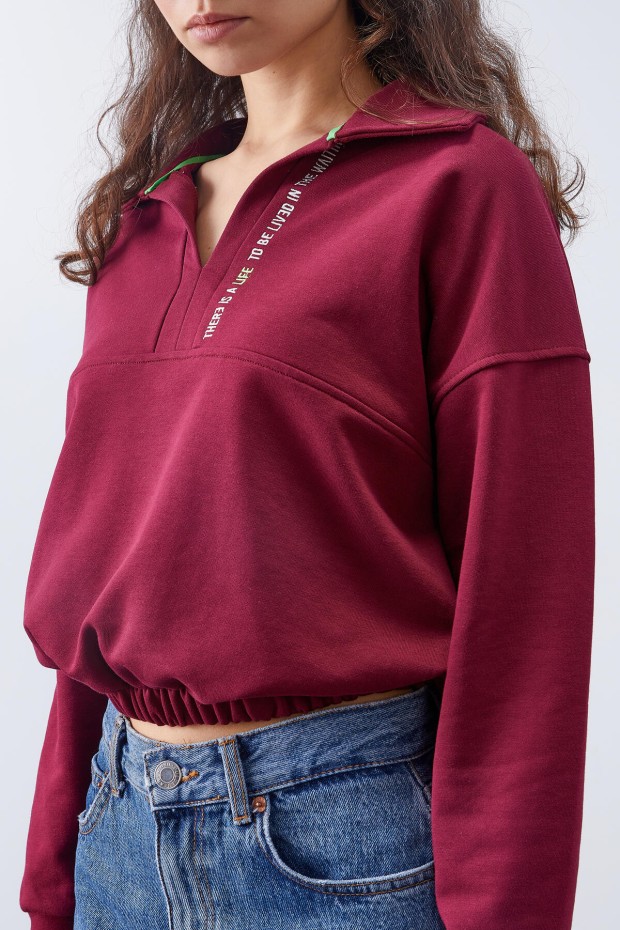 Erguvan Polo Yaka Etek Ucu Büzgülü Kadın Oversize Sweatshirt - 97180