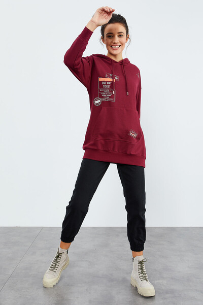 Erguvan Ticket Baskılı Kapüşonlu Kadın Oversize Sweatshirt - 97182