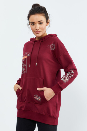 Erguvan Ticket Baskılı Kapüşonlu Kadın Oversize Sweatshirt - 97182 - Thumbnail