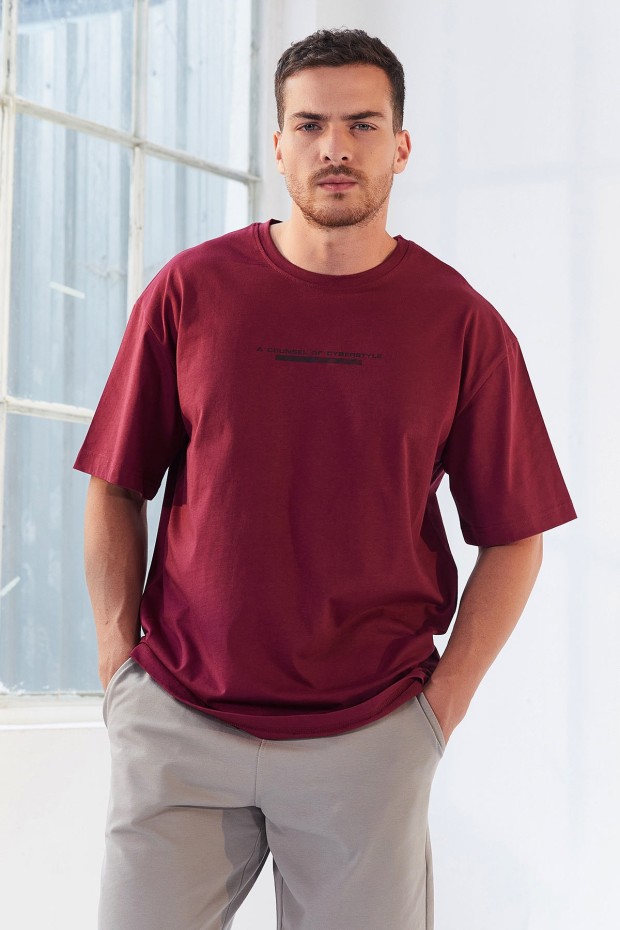 Erguvan Yazı Baskılı O Yaka Erkek Oversize T-Shirt - 87984