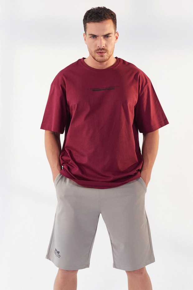 Erguvan Yazı Baskılı O Yaka Erkek Oversize T-Shirt - 87984