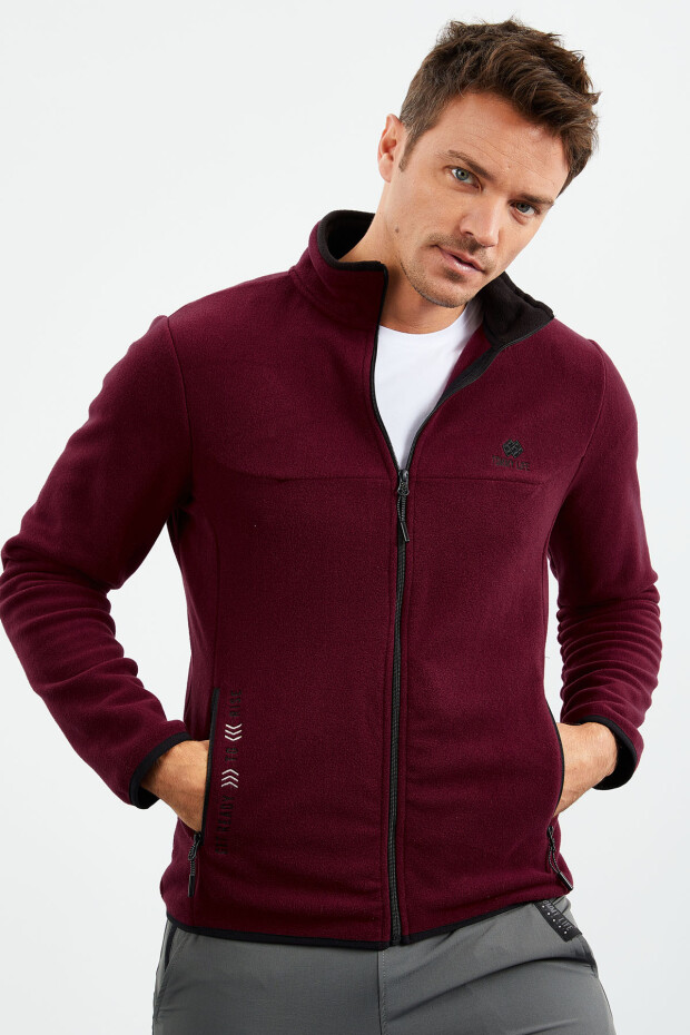 Erguvan Yazı Nakışlı Dik Yaka Fermuarlı Standart Kalıp Erkek Sweatshirt Polar - 87992