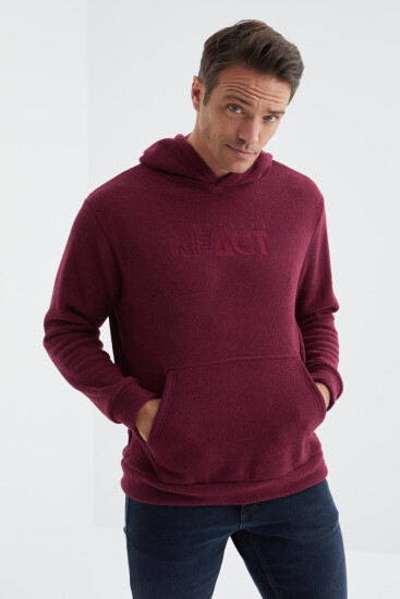 Erguvan Yazı Nakışlı Kanguru Cepli Kapüşonlu Rahat Form Erkek Havlu Polar Sweatshirt - 88164 