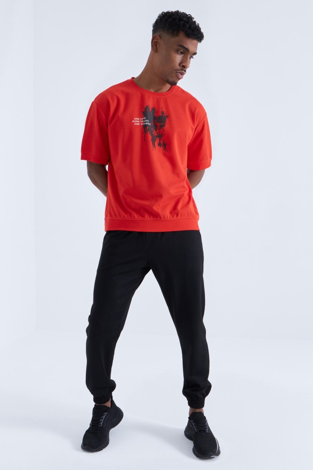 Fiesta Baskılı Yazı Nakışlı O Yaka Erkek Oversize T-Shirt - 88105
