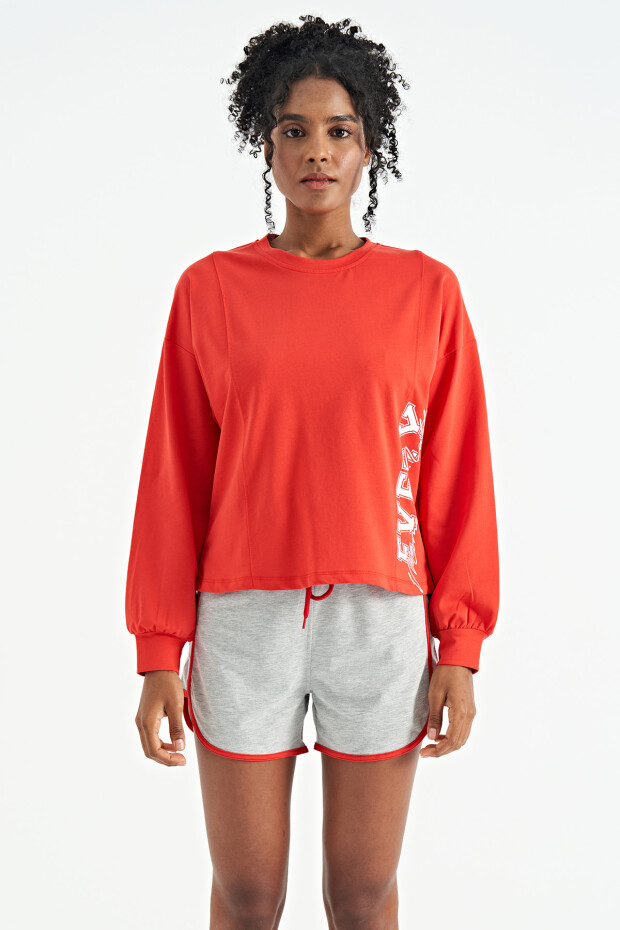 Fiesta Nakış Detaylı Balon Kol Crop Basic Kadın Sweatshirt - 02118