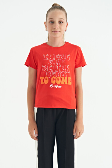 Fiesta O Yaka Yazı Baskılı Rahat Form Kısa Kollu Cropped Kız Çocuk T-Shirt - 75118 - Thumbnail