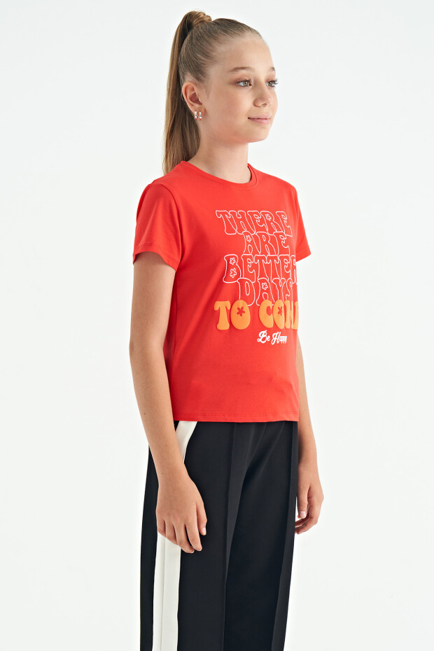 Fiesta O Yaka Yazı Baskılı Rahat Form Kısa Kollu Cropped Kız Çocuk T-Shirt - 75118