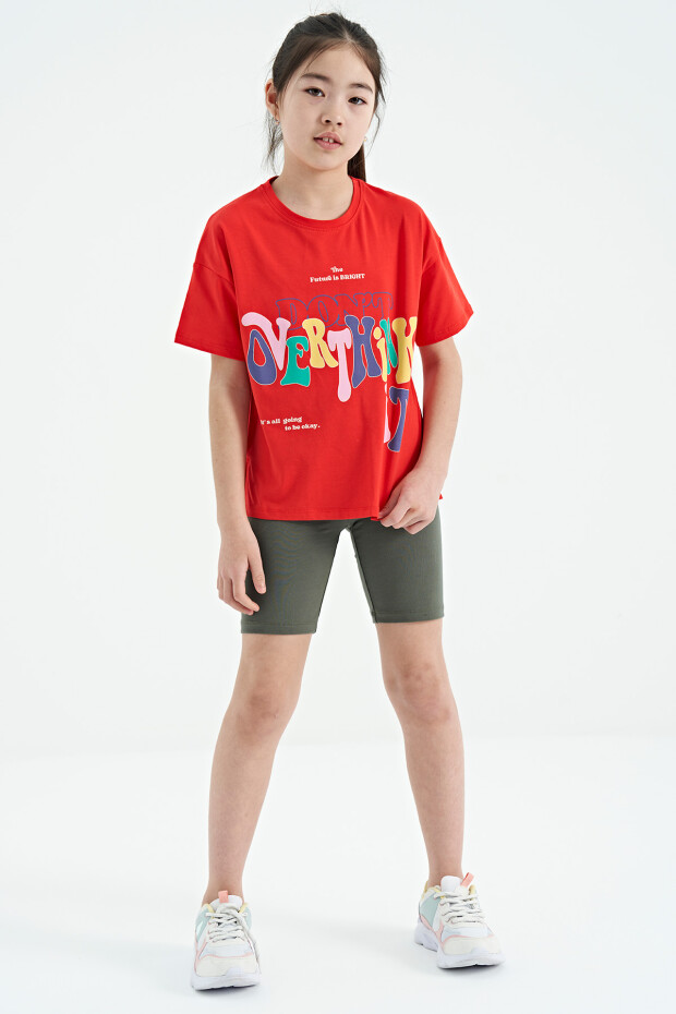 Fiesta Renki Yazı Baskılı O Yaka Oversize Kısa Kollu Kız Çocuk T-Shirt - 75112